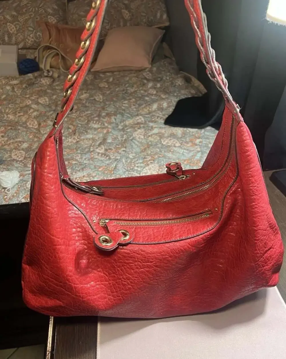 Jessica Simpson Red Textured Leather Hobo Shoulder Bag with Braided Strap